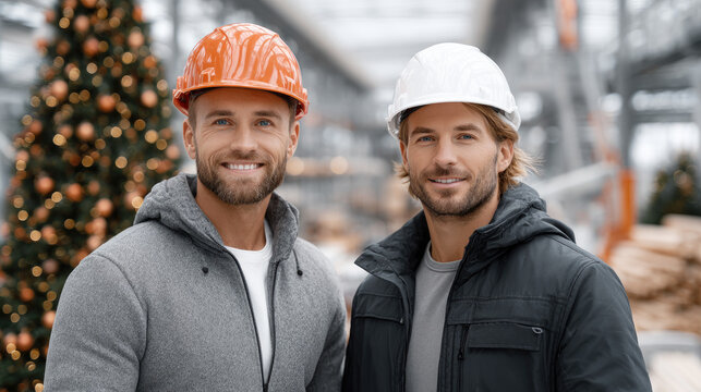Two happy male construction workers wearing hard hats stand together smiling, celebrating the christmas season on a job site with a blurred festive christmas tree and copy space
