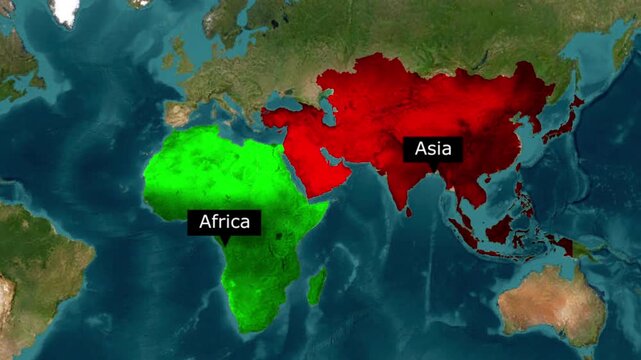 World map highlighting africa and asia continents with location labels