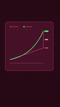 Vertical 9:16 animated compound interest chart diverging in soft grey on a dark background. Seamless looping 4K data visualization in portrait format for reels, shorts, stories and mobile presentation