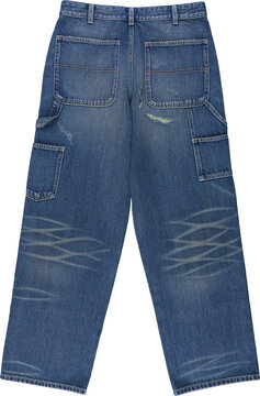 Blue denim carpenter pants with utility pockets and wide leg fit isolated on transparent background for fashion retail catalog