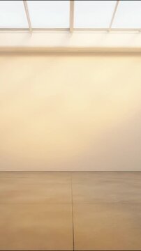 Empty minimal art gallery exhibition hall interior with concrete floor and large glass skylight video footage