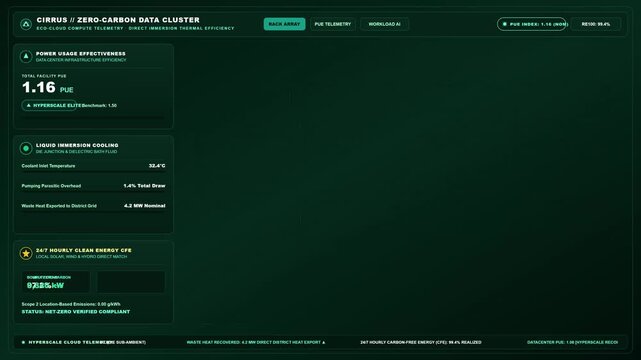 Futuristic Data Center Dashboard Monitoring Energy Efficiency and AI Workload Metrics
