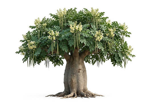 Ultra-realistic mature Cabbage Tree Moringa (Moringa stenopetala), drought-resistant African tree with thick swollen trunk, broad rounded crown, large succulent compound leaves,