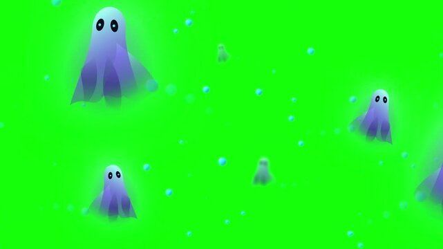 Cute Ghosts Floating on Green Screen Background