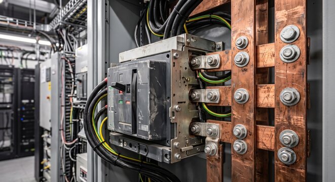 Circuit breaker close-up inside industrial electrical power room with copper busbars and wiring