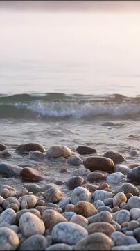 Pebble beach shoreline with gentle ocean waves washing over smooth stones during sunrise video footage