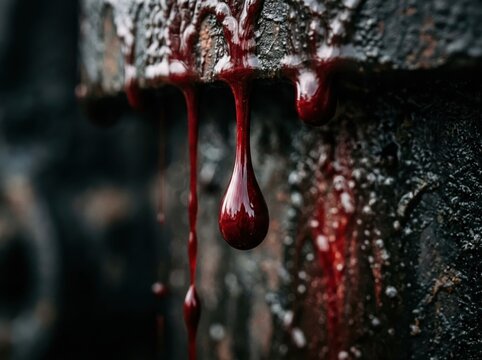 Red blood dripping down from a dark metal surface
