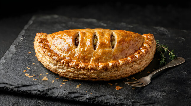 Fresh baked golden brown meat pie or pasty on a dark stone plate