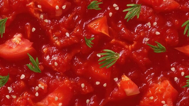 Closeup chopped and smashed ripe tomato flesh with visible seeds and small herb flecks filling frame, with tomato, tomatoe, chopped, smashed detail, showing pulp, seed, juicy, red context