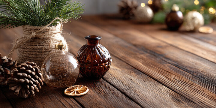 Round glass bottles and natural elements creating a warm, cozy festive atmosphere, with pine cones, dried oranges, and fir branches arranged on a textured wooden background