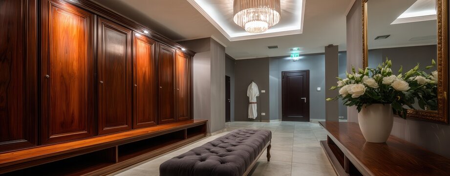 Luxury European style cloakroom with polished wood lockers, upholstered central bench, marble console table, floral decor, brass accents and soft recessed lighting