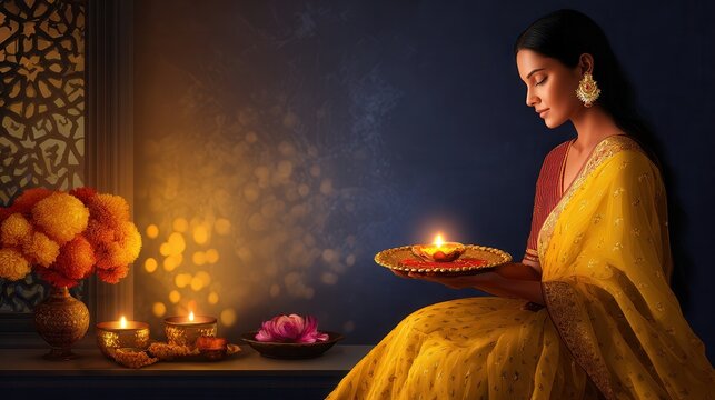 Woman in bright yellow sari arranging puja thali with marigold flowers, rose petals, brass lamp, and devotional items beside window for festive Diwali ritual, with woman, sari, yellow, puja detail