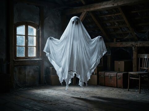 Scary ghost in a white sheet standing in a dark attic