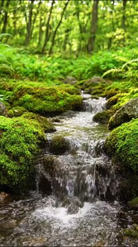 Water stream flowing through a lush green mossy forest with small rocks in motion footage