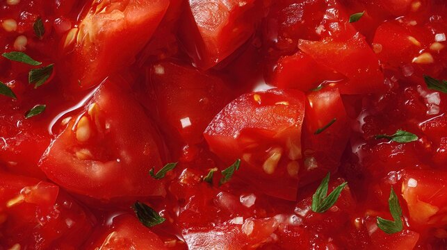 Closeup chopped and smashed ripe tomato flesh with visible seeds and small herb flecks filling frame, with tomato, tomatoe, chopped, smashed detail, showing pulp, seed, juicy, red context