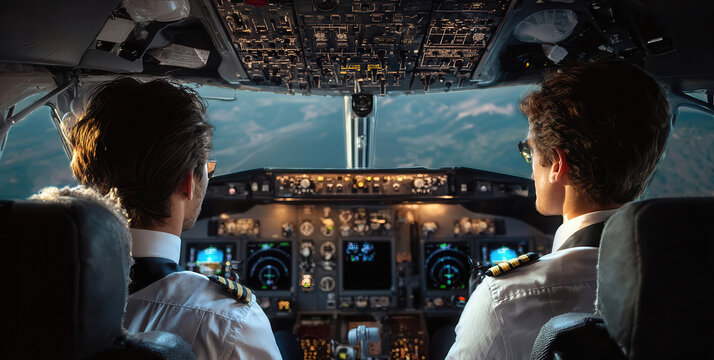 pilots flying focused serene airplane cockpit interior night city lights outside leather seats metal dashboard behind uniforms instrument panel clean commercial aviation travel natural copy.