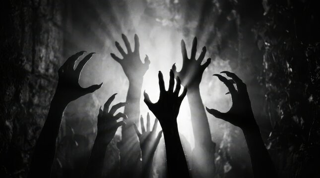 Scary monster hands reaching out in the dark