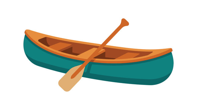 Teal canoe with wooden trim and single paddle rests on a white background , Vector Illustration