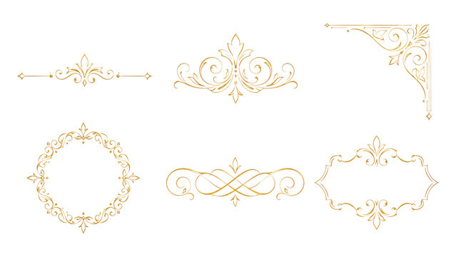 Gold ornamental vintage flourishes and frames collection featuring decorative corner, round frame, divider and label designs