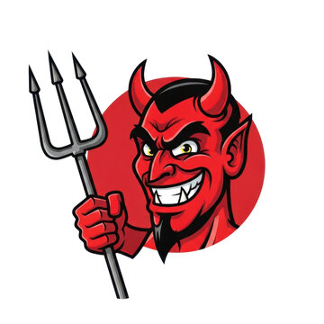 Cartoon devil character holding pitchfork cheerful