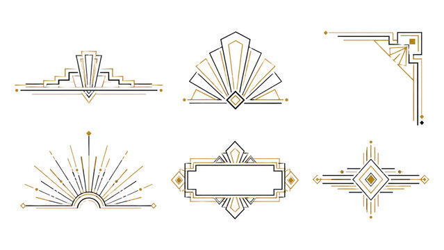 Six elegant Art Deco gold and black ornamental frames, corners, dividers and sunburst emblems