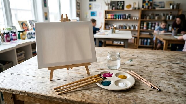Blank white canvas on a wooden easel with a paint palette, brushes, and water jar on a rustic table in a bright, busy classroom studio