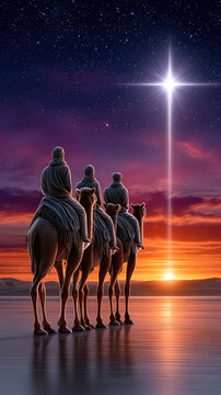 Three wise men on camels following the bright star of bethlehem across a desert landscape at twilight, symbolizing faith, guidance, and the spiritual journey of christmas