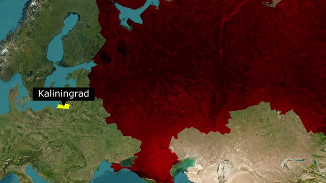 Map of europe highlighting kaliningrad in yellow and russia in red with location