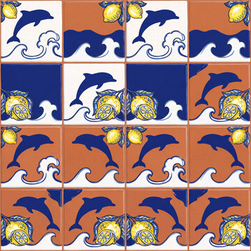 Mediterranean style ceramic tile pattern featuring hand painted blue dolphins and yellow lemons on terracotta background for elegant interior wall decor and kitchen backsplash design