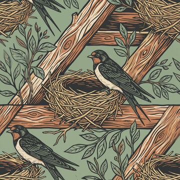 Seamless pattern featuring hand drawn barn swallows perched on wooden beams with woven bird nests and leafy branches in a vintage rustic style for textile design and home decor