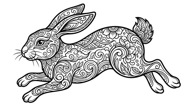 Ornate zentangle rabbit coloring page, detailed mandala hare line art illustration, black and white running easter bunny outline