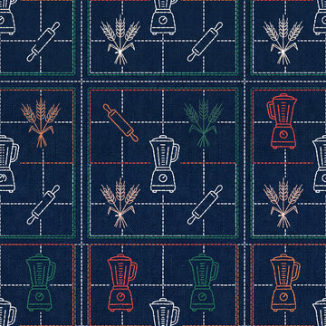 Seamless pattern featuring kitchen icons like blenders and rolling pins embroidered on a dark blue denim fabric texture with decorative white stitching for culinary and textile design