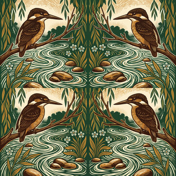 Seamless pattern featuring kingfisher birds perched on branches above a flowing river with stones and wildflowers in a decorative vintage woodcut print style for nature design