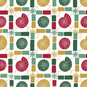 Seamless pattern featuring nautilus shells and vintage nautical compasses in a flat vector style with a festive red green and gold color palette for elegant seasonal home decor