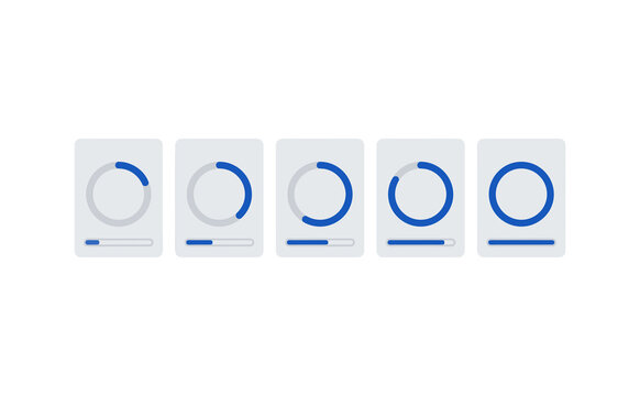 Minimalist progress bars with blue loading circles on light grey cards