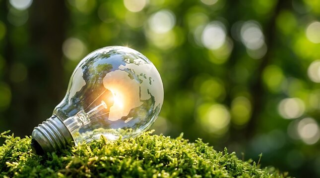 Green renewable energy concept for environmental sustainability. A light bulb containing a green world globe rests on forest moss, symbolizing eco-friendly technology and solution to global warming