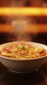 Ramen noodle soup bowl with hot steam rising in warm restaurant video footage