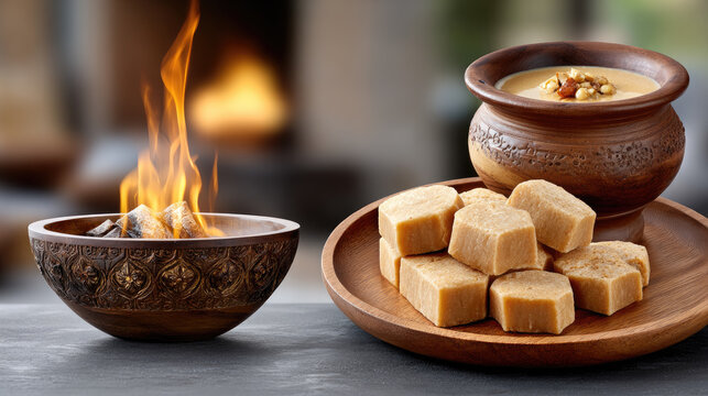 Lohri festival spread of indian sweets and barfi on a decorative wooden platter beside a flickering fire and brass candle holder, warm cozy festive evening still life