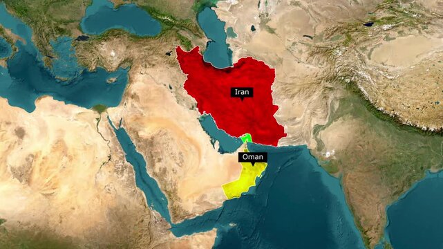 Satellite map view highlighting strait of hormuz between iran and oman