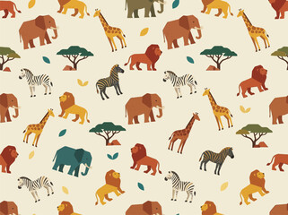 Obraz premium African Safari Seamless Pattern with Elephant, Lion, and Zebra Vector Illustration