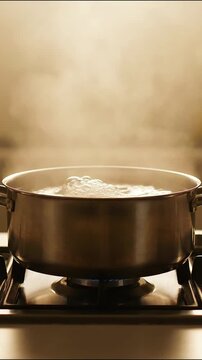 Water boiling in metal pot on kitchen stove with rising steam video footage clip