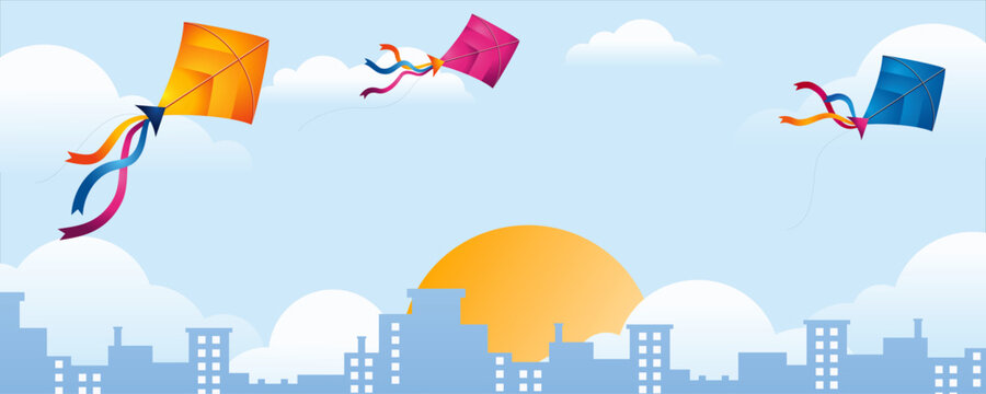 makar 2 7000 2800 finThree colorful kites fly over a blue city skyline as the sun rises among soft clouds. Ideal for Makar Sankranti banners, website headers and festival promotions.