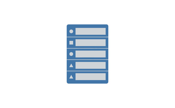 Blue server rack icon with geometric shapes in a flat design