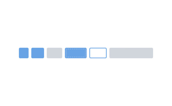 Blue progress bar indicators with rectangular shapes and dashed outlines