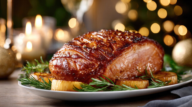 Glazed ham displaying its succulent texture, adorned with fresh rosemary and caramelized pineapple slices, creating a delicious centerpiece for a festive holiday dining experience