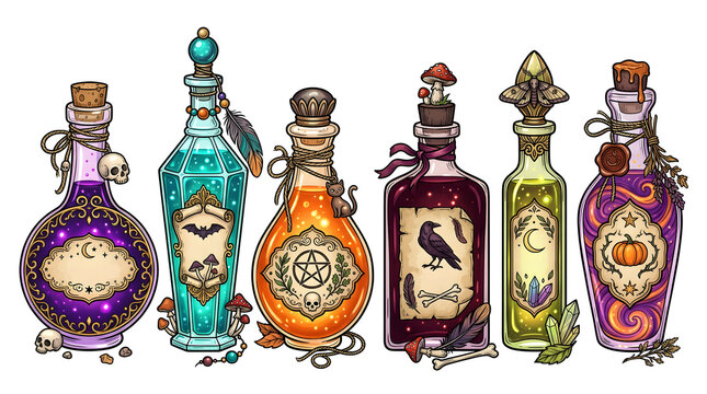 Magical Halloween potion bottles with spooky elixirs and labels for witchcraft