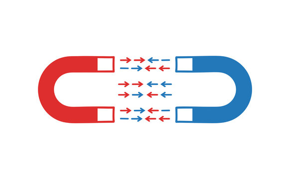 Educational illustration of red and blue horseshoe magnets with magnetic field force lines