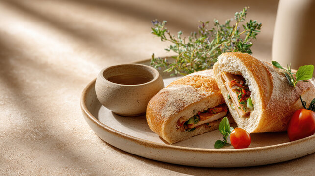 Traditional salvadoran pan con pavo or turkey bread. A rustic baguette sandwich filled with sliced turkey meat. Fresh lettuce. Tomatoes. And red cabbage. Served with a savory broth on a ceramic plate