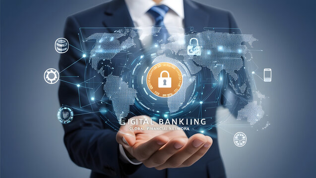 Business holding a digital banking interface with global financial network, secure online payment, fintech innovation, AI technology, mobile banking, cybersecurity and cashless transaction concept