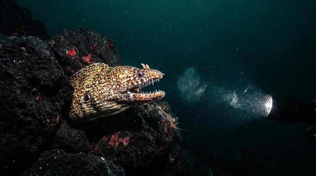 Moray eel emerging from dark underwater rocks illuminated by a scuba diver flashlight beam